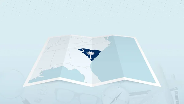 サウスカロライナ州の地図南カロライナ州の旗を地図の輪郭に旅行の抽象的な背景 — ストックベクタ