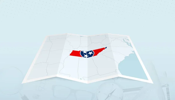Mapa Tennessee Con Bandera Tennessee Contorno Del Mapa Con Telón — Vector de stock