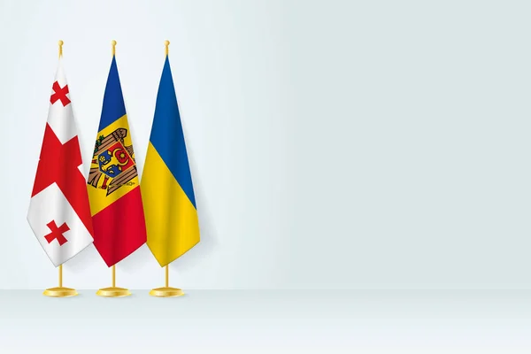 Bandeiras Geórgia Moldávia Ucrânia Estão Fila Mastro Bandeira Interior —  Vetores de Stock