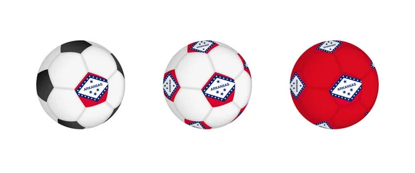 stock vector Collection football ball with the Arkansas flag. Soccer equipment mockup with flag in three distinct configurations.