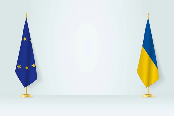 Europeiska Unionen Och Ukraina Flagga Inomhus Flaggstång Möte Koncept Mellan — Stock vektor