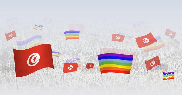 Orang Orang Melambaikan Bendera Perdamaian Dan Bendera Tunisia Ilustrasi Dari - Stok Vektor