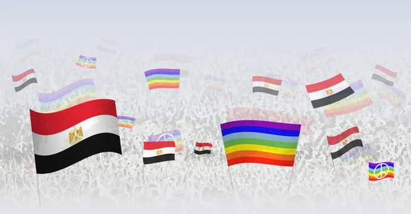 Pessoas Acenando Bandeiras Paz Bandeiras Egito Ilustração Multidão Celebrando Protestando — Vetor de Stock