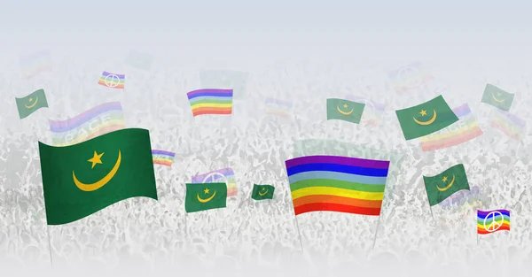 モーリタニアの平和旗と旗を振る人々 モーリタニアの国旗と平和旗を祝ったり抗議したりする群衆のイラスト — ストックベクタ