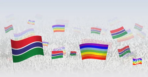 人们挥舞着冈比亚的和平旗帜和旗帜 用冈比亚国旗和和平旗庆祝或抗议人群的例证 — 图库矢量图片