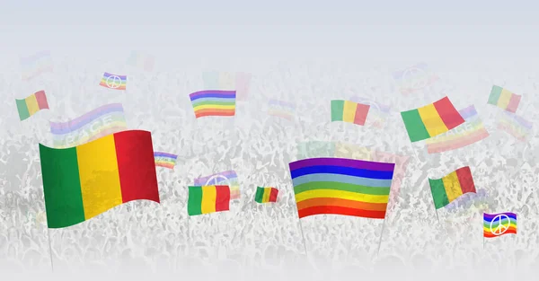 Folk Viftar Med Flaggor Och Flaggor Från Mali Illustration Folkmassor — Stock vektor