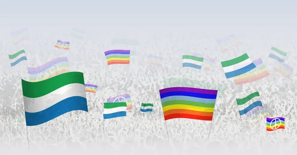 人们挥动着塞拉利昂的和平旗帜和旗帜 用塞拉利昂国旗和和平旗庆祝或抗议人群的例证 — 图库矢量图片