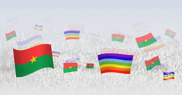 Menschen Schwenken Friedensfahnen Und Flaggen Burkina Fasos Illustration Einer Feiernden — Stockvektor