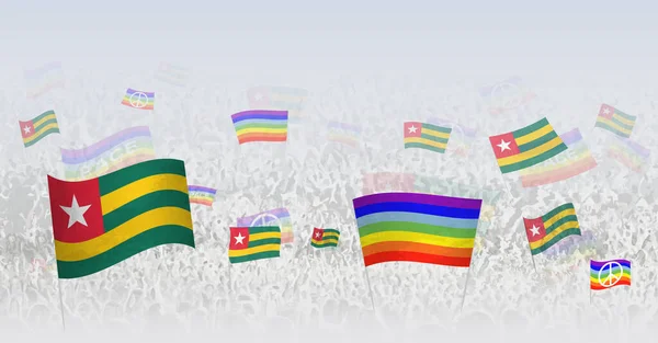 Menschen Schwenken Friedensfahnen Und Flaggen Togos Illustration Einer Feiernden Oder — Stockvektor