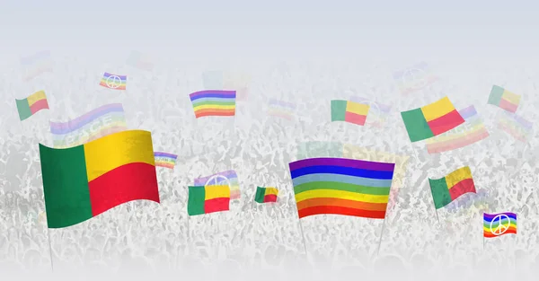 Mensen Zwaaien Met Vredesvlaggen Vlaggen Van Benin Illustratie Van Menigte — Stockvector