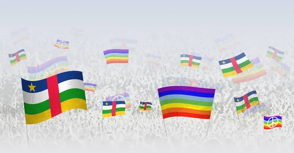 中央アフリカ共和国の平和旗と旗を振る人々 中央アフリカ共和国の国旗と平和旗で祝うか抗議することのイラスト — ストックベクタ