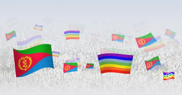 人们挥动着厄立特里亚的和平旗帜和旗帜 用厄立特里亚国旗和和平旗庆祝或抗议人群的例证 — 图库矢量图片