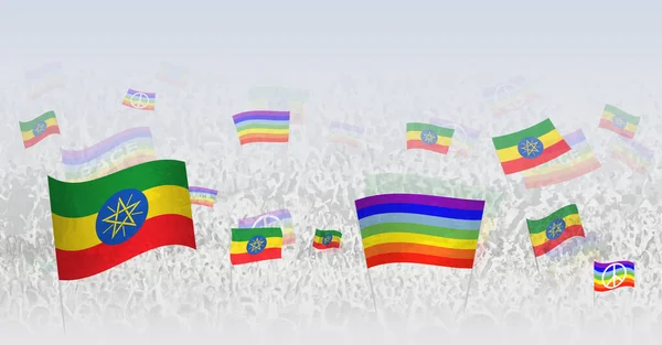 Ludzie Machający Pokojowymi Flagami Flagami Etiopii Ilustracja Tłumu Świętującego Lub — Wektor stockowy