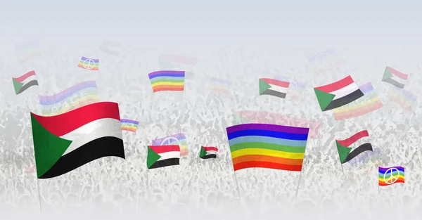 Люди Размахивают Флагами Мира Флагами Судана Иллюстрация Толпы Празднующих Протестующих — стоковый вектор