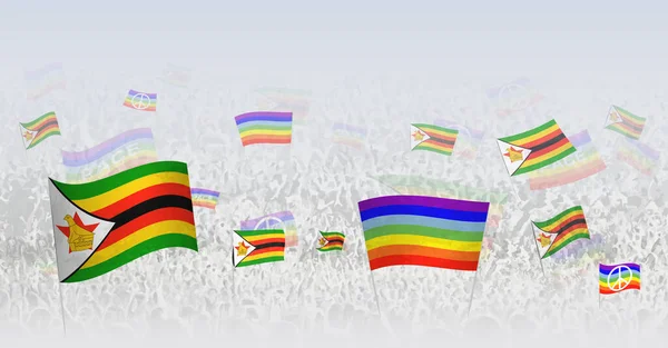 Люди Размахивают Флагами Мира Флагами Зимбабве Иллюстрация Толпы Празднующих Протестующих — стоковый вектор