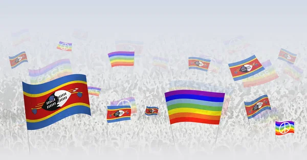 Folk Viftar Med Fredens Flaggor Och Swazilands Flaggor Illustration Folkmassor — Stock vektor