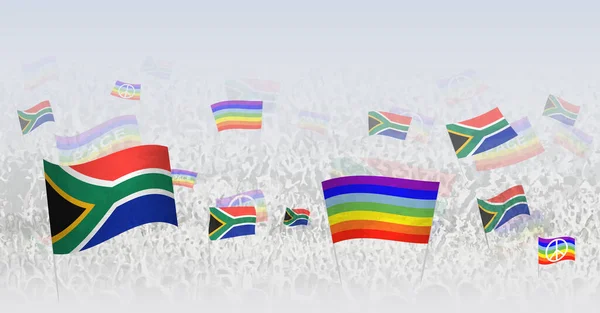 人们挥舞着和平的旗帜和南非的旗帜 用南非国旗和和平旗庆祝或抗议人群的例证 — 图库矢量图片