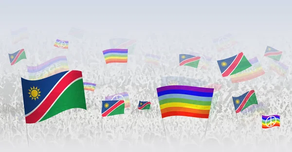 人们挥舞着纳米比亚的和平旗帜和旗帜 用纳米比亚国旗和和平旗庆祝或抗议人群的例证 — 图库矢量图片