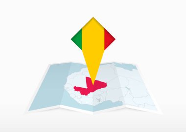 Mali katlanmış bir kağıt haritada resmedilmiş ve Mali bayrağıyla işaretlenmiş..