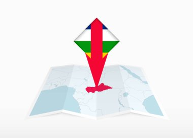 Orta Afrika Cumhuriyeti katlanmış bir kağıt haritada ve Orta Afrika Cumhuriyeti bayrağıyla işaretlenmiş konum işaretleyicisinde tasvir edilmiştir..