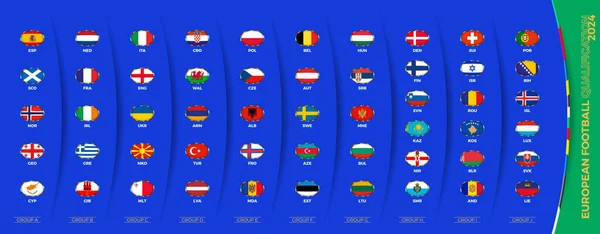 グループ別に分類された欧州サッカートーナメント2024予選のフラグとアイコンのコレクション ヨーロッパの旗の大きなセット — ストックベクタ
