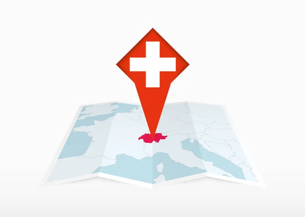Svájc Ábrázolja Egy Hajtogatott Papír Térkép Tűzött Helyzetjelző Zászló Svájc — Stock Vector