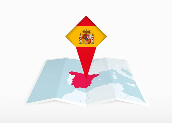 Spanje Afgebeeld Een Gevouwen Papieren Kaart Een Gepantserde Locatiemarkering Met — Stockvector