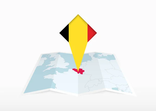 Belgium Depicted Folded Paper Map Pinned Location Marker Flag Belgium — Stock Vector