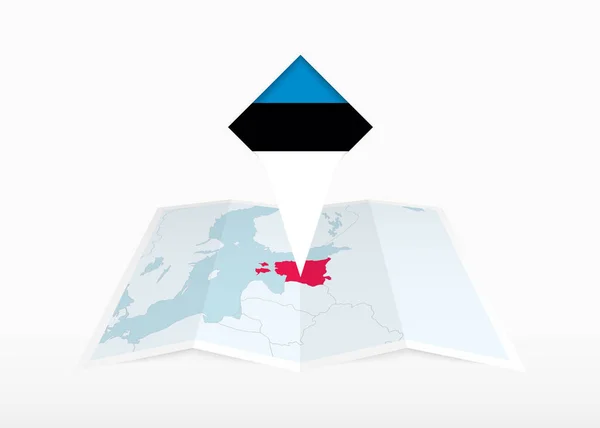 Estland Afgebeeld Een Gevouwen Papieren Kaart Gepind Locatiemarkering Met Vlag — Stockvector