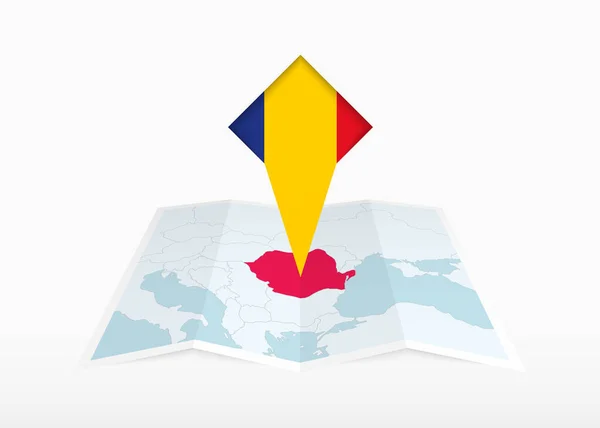 Romênia Retratado Mapa Papel Dobrado Marcador Local Fixado Com Bandeira —  Vetores de Stock