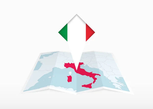 Italien Avbildad Vikbar Papperskarta Och Markerad Plats Med Italiens Flagga — Stock vektor