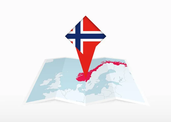 Noorwegen Afgebeeld Een Gevouwen Papieren Kaart Een Gepantserde Locatiemarkering Met — Stockvector