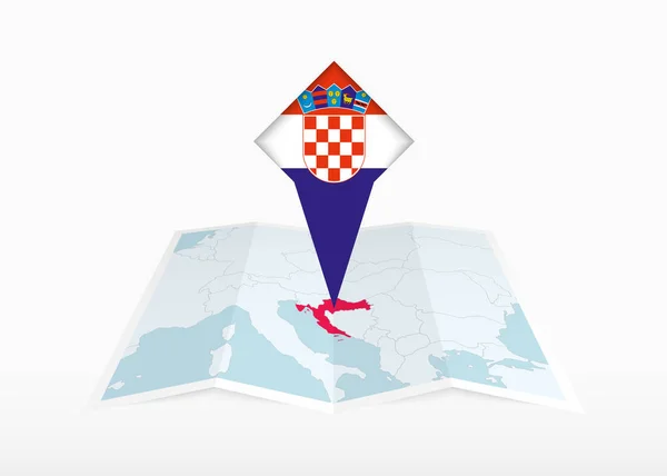 Croácia Representado Mapa Papel Dobrado Marcador Local Fixado Com Bandeira — Vetor de Stock