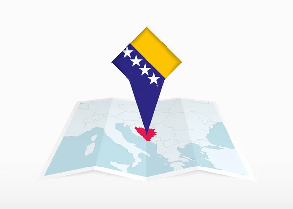 Bósnia Herzegovina Representado Mapa Papel Dobrado Marcador Local Fixado Com — Vetor de Stock