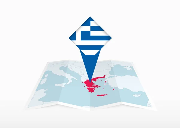 Ελλάδα Απεικονίζεται Διπλωμένο Χάρτη Και Καρφιτσωμένο Μαρκαδόρο Θέσης Σημαία Της — Διανυσματικό Αρχείο