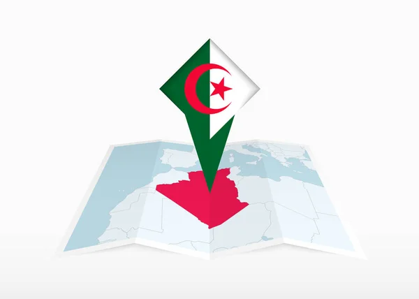 Αλγερία Απεικονίζεται Χάρτη Διπλωμένο Χαρτί Και Καρφιτσωμένη Σήμανση Θέσης Σημαία — Διανυσματικό Αρχείο