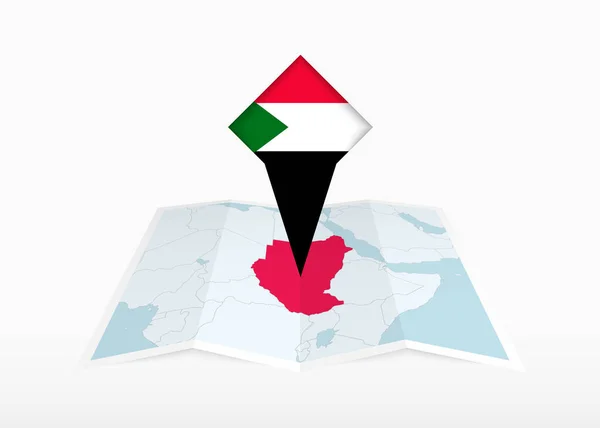 Sudán Representa Mapa Papel Doblado Marcador Ubicación Con Bandera Sudán — Vector de stock