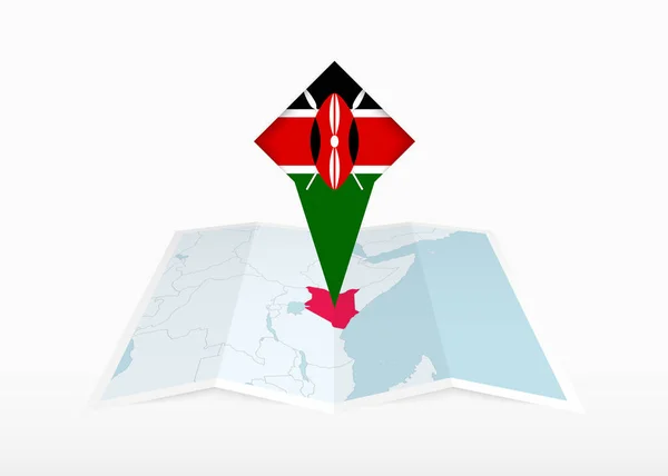 Кения Изображена Сложенной Бумажной Карте Приколотой Метке Местоположения Флагом Кении — стоковый вектор