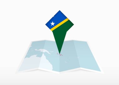 Solomon Adaları katlanmış kağıt bir haritada resmedilmiş ve Solomon Adaları bayrağıyla işaretlenmiş..