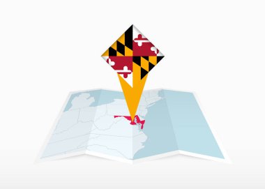 Maryland katlanmış bir kağıt haritada ve Maryland bayrağıyla işaretlenmiş konum işaretleyicisinde tasvir edilmiştir..