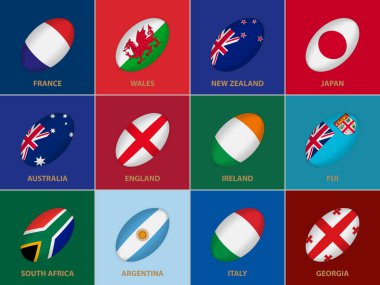 Rugby Balosu Biçiminde 12 Bayrak. Rugby U20 Renk Arkaplanı Katılımcıları Bayrağı.