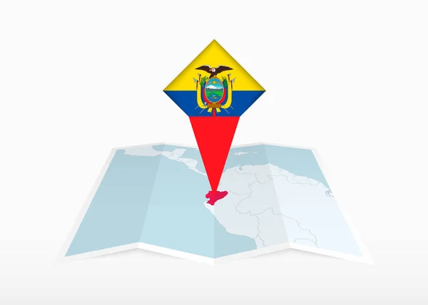 エクアドルは 折り畳まれた紙の地図上に描かれ エクアドルの旗を持つ固定位置マーカー — ストックベクタ