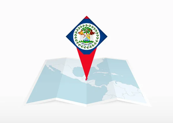 Μπελίζ Απεικονίζεται Διπλωμένο Χάρτη Χαρτί Και Καρφιτσωμένο Δείκτη Θέση Σημαία — Διανυσματικό Αρχείο