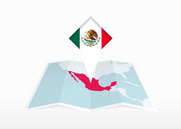 México Retratado Mapa Papel Dobrado Marcador Local Fixado Com Bandeira — Vetor de Stock