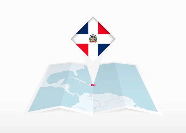 Δομινικανή Δημοκρατία Απεικονίζεται Διπλωμένο Χάρτη Και Καρφιτσωμένο Δείκτη Θέση Σημαία — Διανυσματικό Αρχείο