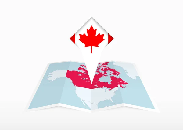 Канада Изображена Сложенной Бумажной Карте Маркере Местоположения Флагом Канады — стоковый вектор