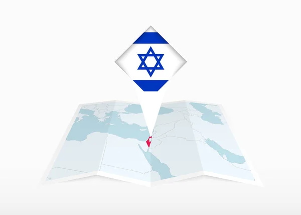 Israele Raffigurato Una Mappa Carta Piegata Segnaposto Appuntato Con Bandiera — Vettoriale Stock