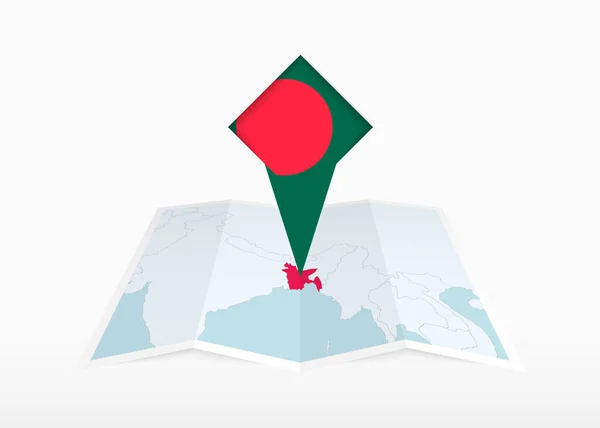 Bangladesh Afgebeeld Een Gevouwen Papieren Kaart Gepind Locatiemarkering Met Vlag — Stockvector