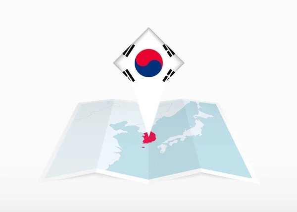 Südkorea Wird Auf Einer Gefalteten Landkarte Aus Papier Dargestellt Und — Stockvektor