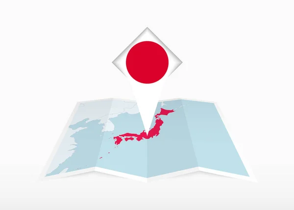 Giappone Raffigurato Una Mappa Carta Piegata Segnaposto Con Bandiera Del — Vettoriale Stock